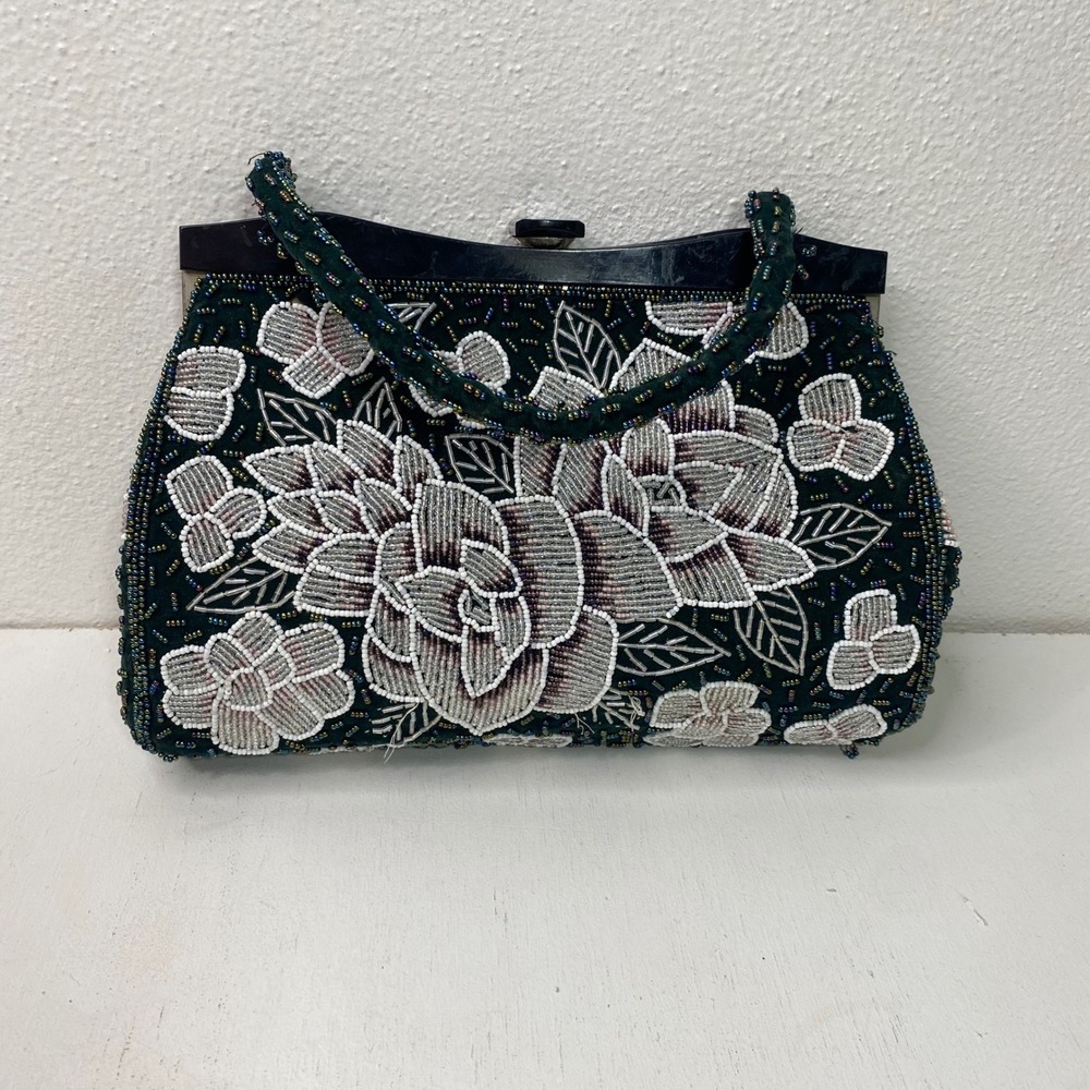 Vintage Beaded Floral Evening Bag Dark Velvet Kiss Lock Clutch Handbag